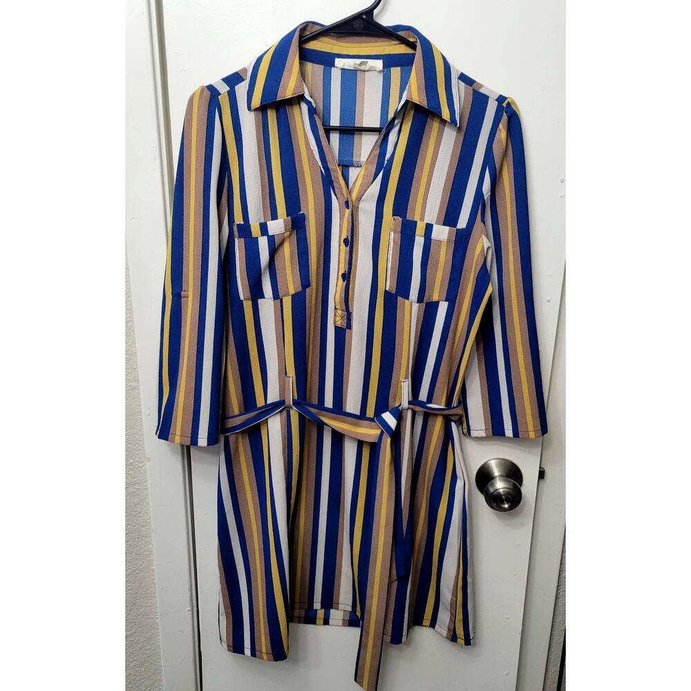 Katella Couture Belted Collared Blue & Yellow Striped Mini Dress Medium Juniors